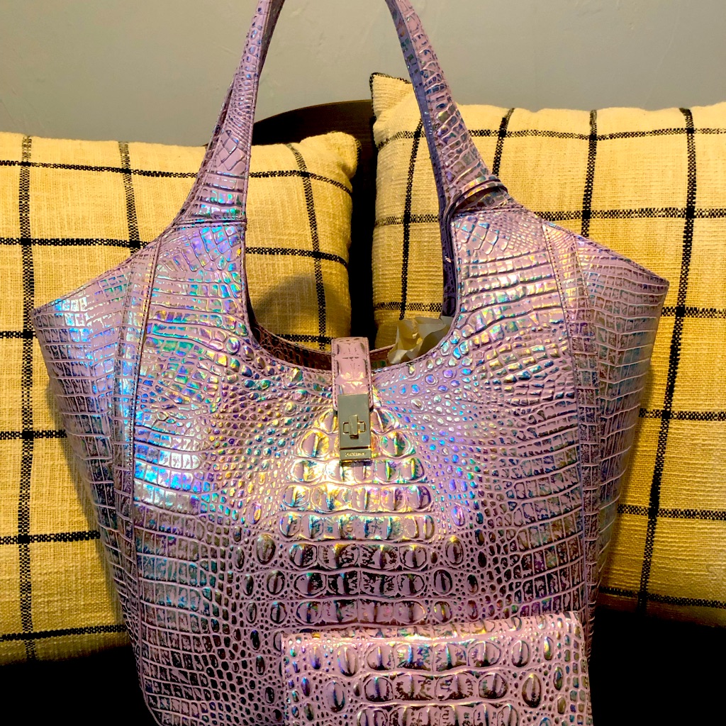 Brahmin Iridescent Purple Croc-Embossed Tote